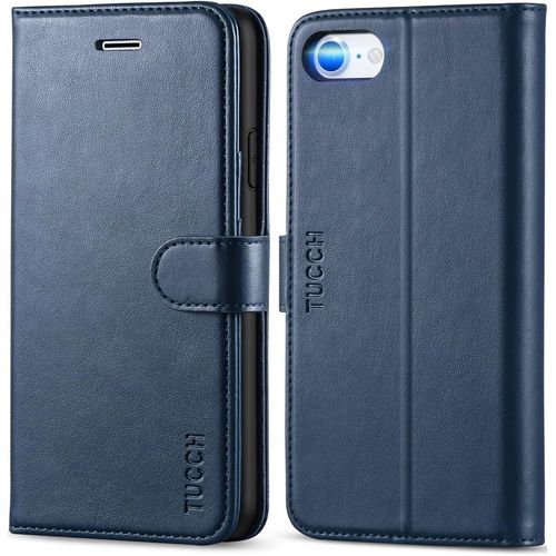 Coque Iphone Se 2022 5g, Etui Iphone Se 2020, Housse Tpu Portefeuille Cuir Synthetique, Emplacements Cartes Support Protection Integrale Fermeture Magnetique Pour Iphone Se3/Se2/8/7 - Bleu Fonce