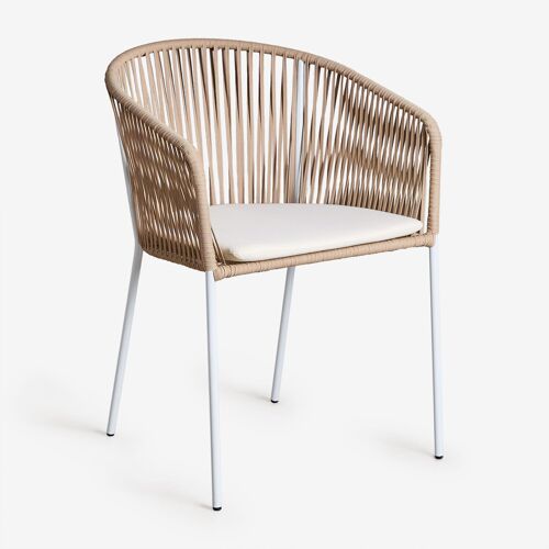Pack De 2 Chaises De Jardin Avec Accoudoirs En Fer Et Corde Tressée Jocelyn Naturel - Blanc