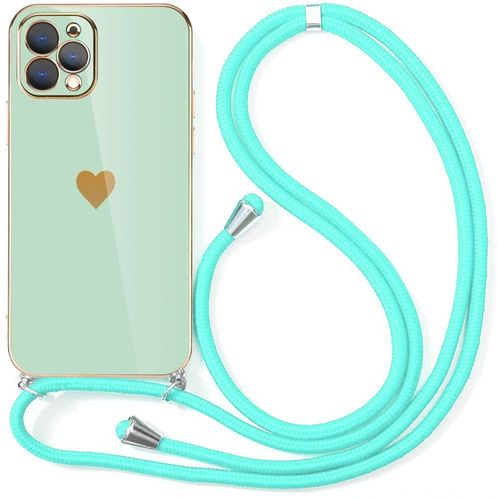 Coque Bandoulière Pour Iphone 12 Pro Max (6,7'') Turquoise Souple Galvanisé Or Tpu Luxe Antichoc Amour-Mignon
