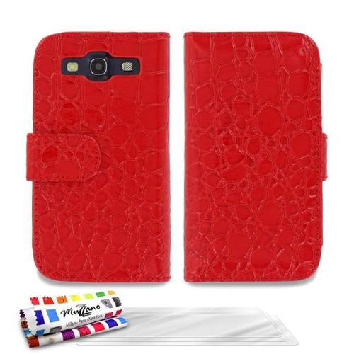 Etui À Rabat Samsung Galaxy S3 Rouge Croco Cuir Simili (Pu) + 3 Films