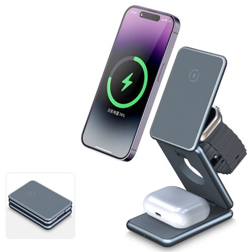 Chargeur Sans Fil 3 En 1 Qi Induction Pliable - Compatible Avec Écouteurs Sans Fil, Apple Watch, Iphone