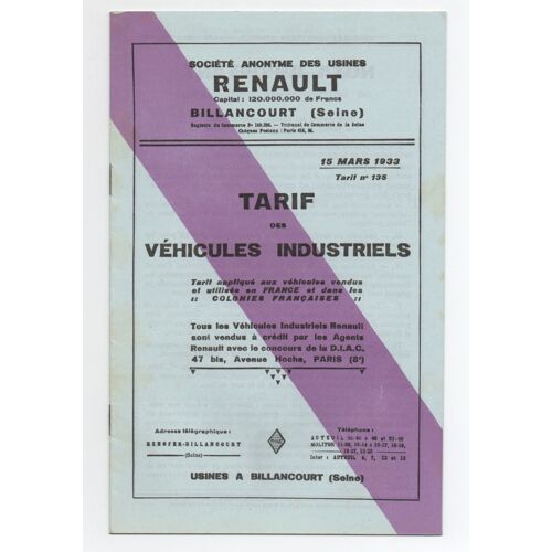 Renault - Tarif Des Véhicules Industriels Du 15 Mars 1933