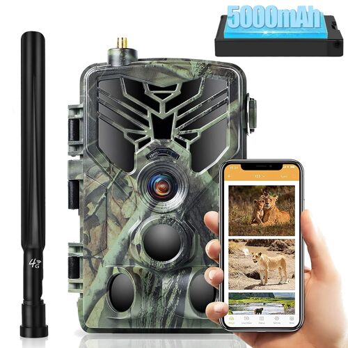 Caméra de Chasse à Batterie 5000 Mah 4G 4K 30MP App Android iOs Avec Panneau Solaire + Chargeur + 1 Batterie + SD 64Go YONIS