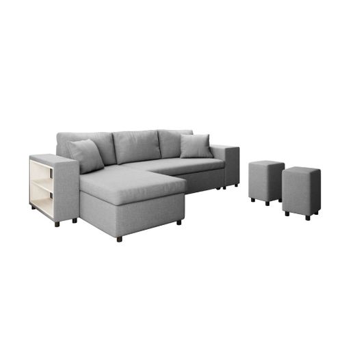Canapé D'angle Mady Convertible Avec Coffre, Accoudoir Étagère Et Poufs En Tissu - Gris Clair, Position Du Rangement Poufs - Droit