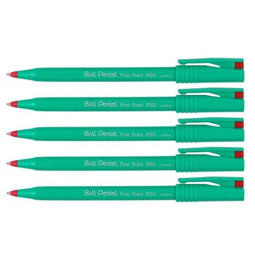 Pentel Lot De 5 Rollers Encre Ball R50 Recycology Pte Moyenne Rouge
