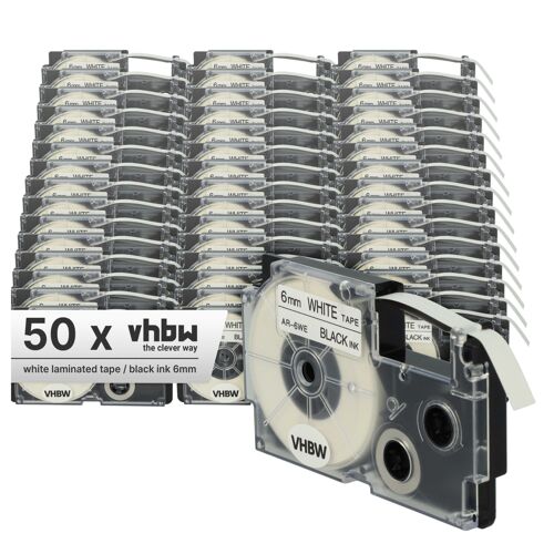 vhbw 50x Rubans compatible avec Casio KL-7200, KL-60, KL-70E, KL-300, KL-7000, KL-7400, KL-200E imprimante d'étiquettes 6mm Noir sur Blanc