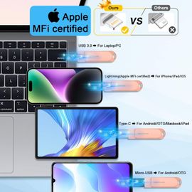 CMJAAGUR-Cle Usb 256 Go Pour Iphone Apple Mfi Certifié, Cle Usb Iphone Lightning Clé Usb 256 Go Pour Iphone/Ipad/Macbook Avec Mfi Lightning/Usb 3.0/Type C/Micro-Usb,Clés Usb Pour Ios/Android[M2031]