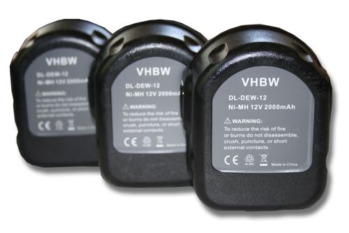 Lot 3 batteries Ni-MI vhbw 2000mAh (12V) pour outils KC1262FK, KC12E, HP122K, HP431K-2, Würth BS12A Power comme Dewalt DC9071, DE9037, DE9071, DE9074.