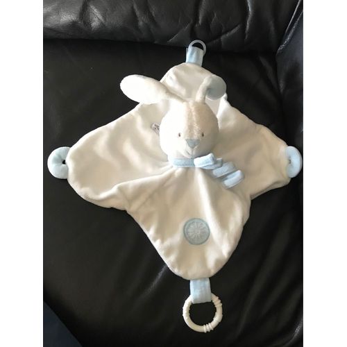 Doudou Plat Lapin Blanc Et Bleu Babysun 27*27cm