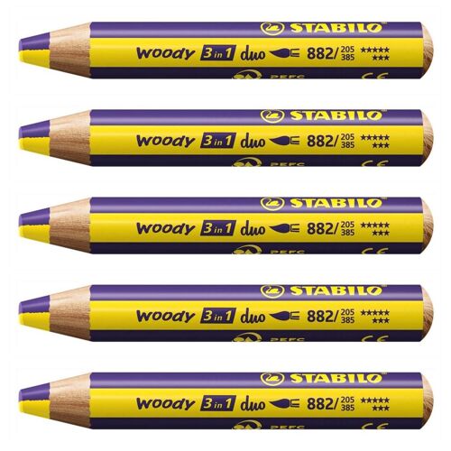 Stabilo Lot De 5 Crayons Multi-Talents Woody 3 In 1 Duo - Jaune-Violet