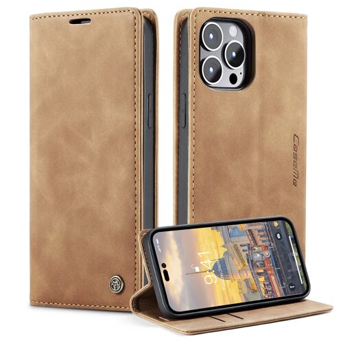 Reem Coque De Protection À Rabat En Cuir Vintage Pour Iphone 14 Pro - Étui De Protection En Tpu - Fonction De Protection - Emplacements Pour Cartes - Fermeture Magnétique - Pour Iphone 14 Pro-Marron
