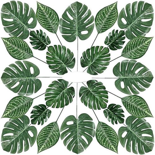 80 Pièces 4 Sortes Feuilles de Palmier avec Tiges Fausses Feuilles Monstera Simulation de plantes tropicales Feuilles pour Feuilles Décorations