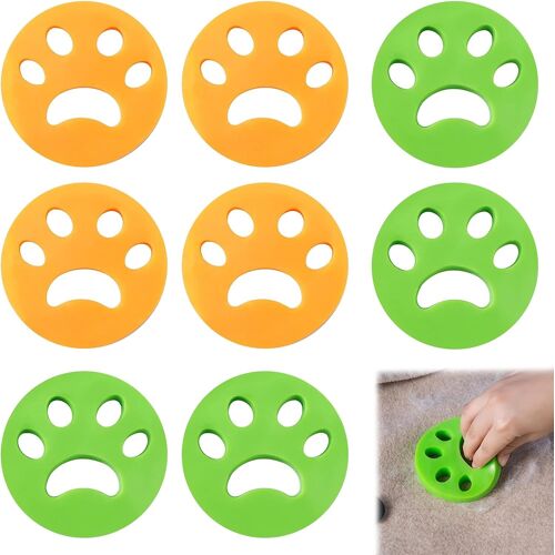 Jeu De 8 Brosses À Poils D'animaux Pour La Machine À Laver, Avec Des Grattoirs Verts Et Orange Pour Les Poils De Chiens Dans Le Lave-Linge Et Le Sèche-Linge.