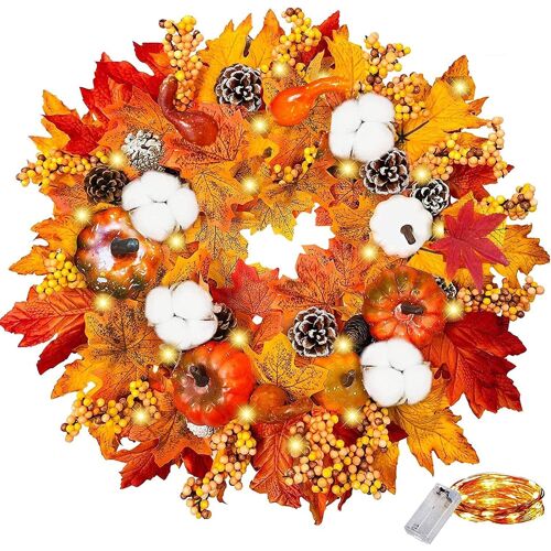 50cm Couronne Automne, Couronne Porte Decoration Automne Thanksgiving Guirlande Déco avec Lumières LED, Décoration Halloween Noël d'automne