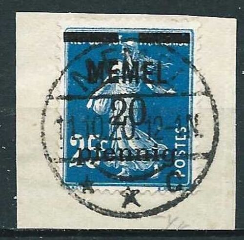 Lituanie, Enclave De Memel Sous Protectorat Français, Beau Timbre Sur Fragment Yvert 20, Semeuse Camée 25c. Bleu Surchargé "Memel 20 Pfennig", Avec Beau Cachet Intégral D'octobre 1920, Tbe -