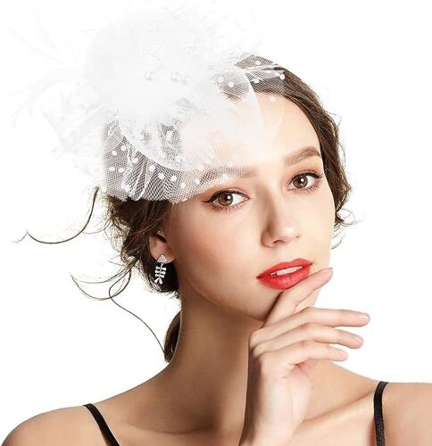 Blanc - Porte-chapeau, bandana et théière avec fleurs et rubans en maille et plumes pour filles et femmes,