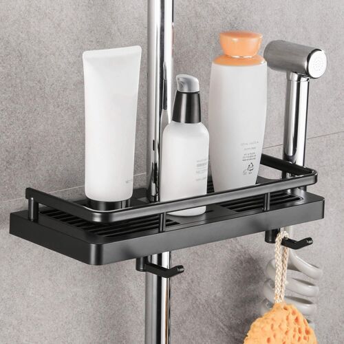 Jeu de 1 support noir Etagère de douche Porte-savon de douche Rangement dans la salle de bain, sans perçage, avec porte-savon de douche, crochets et porte-serviettes pour murs auto-adhésifs résistants
