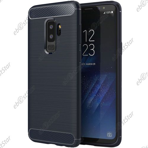 Ebeststar ® Pour Samsung Galaxy S9 Plus - Coque Motif Fibre Carbone Luxe 2 Barres Horizontales Etui Housse Silicone Gel Coussins D'air, Couleur Bleu Foncé