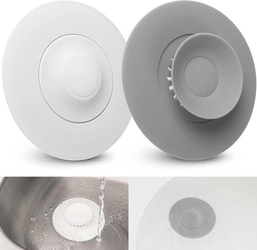 Blanc + gris, bonde de vidange universelle, 2 pièces, 11 cm de diamètre, silicone, filtre intégré pour résidus alimentaires et capillaires, vidange pour éviers, lavabos, baignoires jusqu'à 80 mm, filt