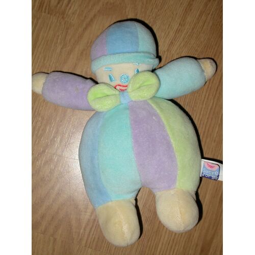 Doudou Peluche Clown Bonhomme Multicolore Violet Vert Bleu Noeud Noeud Papillon Garçon 21 Cm