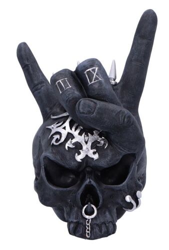 Statuette Résine Crane Noir Et Main Corne Rock N Roll 17.5cm