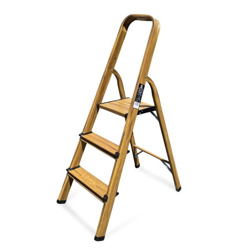 Escabeau Élégance Domestique Keli (3 Marches (hauteur De Travail 2.07)), Marchepied, Fabriqué En Aluminium Finition bois (chêne)