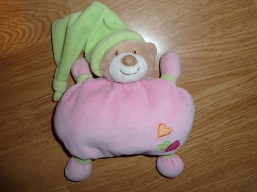 Doudou Peluche Ours Teddy Bear Bär Orso Marron Hochet Grelot Doudou Semi Plat Coussin Rose Bonnet Vert Anis Nattou Coeur Aubert Jollybaby