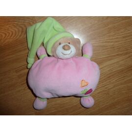Doudou Peluche Ours Teddy Bear Bär Orso Marron Hochet Grelot Doudou Semi Plat Coussin Rose Bonnet Vert Anis Nattou Coeur Aubert Jollybaby
