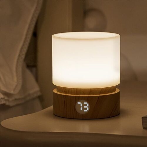Veilleuse Cylindrique Avec Minuterie (Couleur Bois), Petite Lampe De Chevet De Table, Veilleuse Led Pour Enfants, Veilleuse Bébé, Grain De Bois, Intensité Variable, Batterie, Chargement Usb