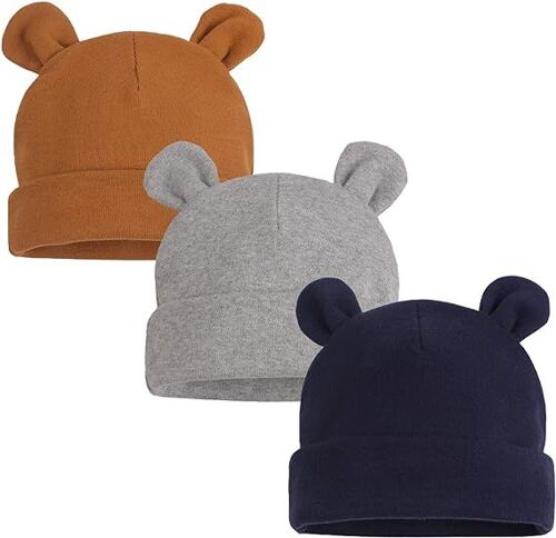 3pcs Nouveau - Né Chapeau Bear Ear Chapeau Enfant Naissance 0 - 6 Mois (Gris, Tibétain, Brun), Garçon Fille Chapeau Coton