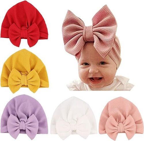 5pcs Baby Turban Set (Rose, Rose, Violet, Jaune, Rouge) Naissance Chapeau Bowknot Mignon Élastique Enfant Chapeau Garçon Bébé Chapeau