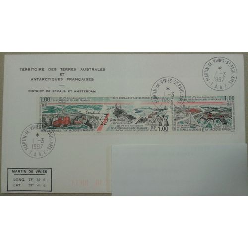 Bloc 3 Timbres Taaf 1997 Yvert Et Tellier N°225a (223-224-225) 50ème Anniversaire Des Expéditions Polaires Oblitéré Premier Jour 1-3 1997 Sur Enveloppe Close District De St-Paul Et Amsterdam
