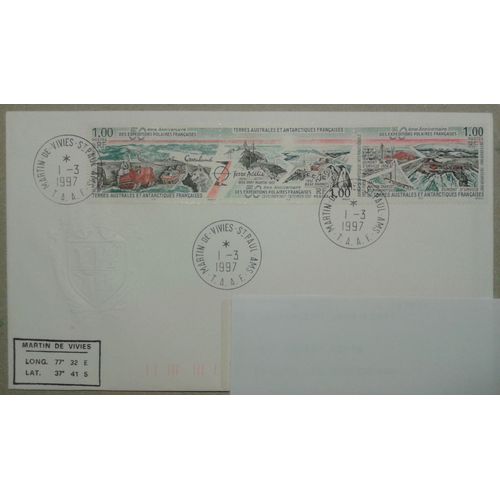 Bloc 3 Timbres Taaf 1997 Yvert Et Tellier N°225a (223-224-225) 50ème Anniversaire Des Expéditions Polaires Oblitéré Premier Jour 1-3 1997 Sur Enveloppe Close Martin De Vivies District De St-Paul Et Am
