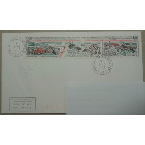 Bloc 3 Timbres Taaf 1997 Yvert Et Tellier N°225a (223-224-225) 50ème Anniversaire Des Expéditions Polaires Oblitéré Premier Jour 1-3 1997 Sur Enveloppe Close Port-Aux-Français Kerguelen Blason Relief