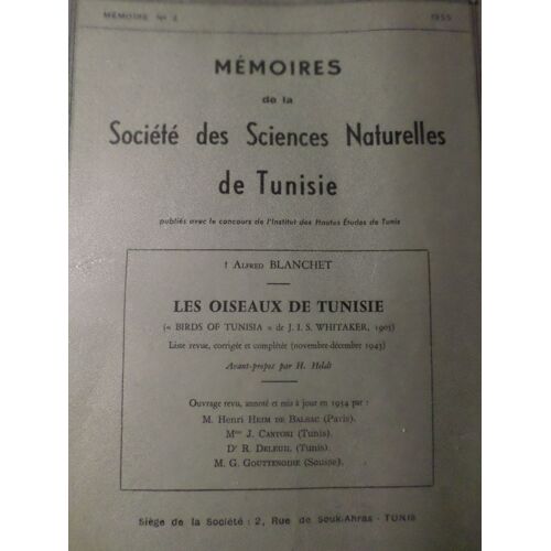 Les Oiseaux De Tunisie - Memoires De La Societe Des Sciences Naturelles De Tunisie