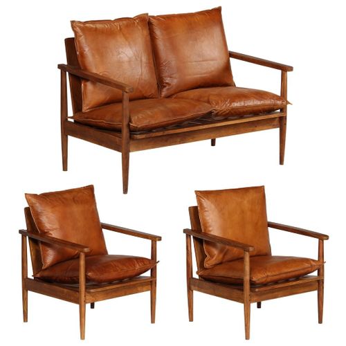 Vidaxl Ensemble De Canapés 3 Pcs Cuir Véritable Bois Massif D'acacia