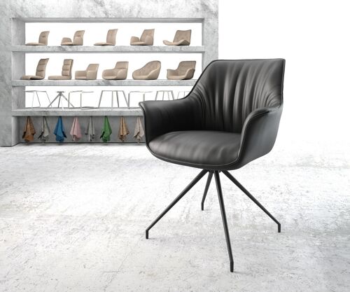 Chaise-rembourrée-pivotante Keila-Flex avec accoudoir cadre croisé conique noir cuir véritable noir