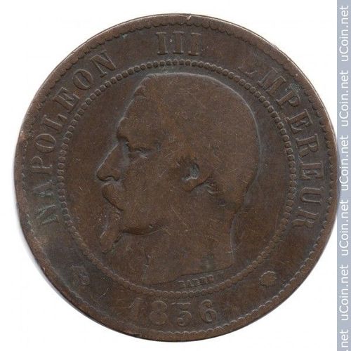 France = Pièce De Monnaie Ancienne : 10 Centimes De Franc , Napoleon I I I , En Bronze, Année 1856, Lettre Atelier Ma ( Marseille )