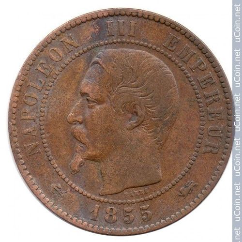 France = Pièce De Monnaie Ancienne : 10 Centimes De Franc , Napoleon I I I , En Bronze, Année 1855, Lettre Atelier D ( Lyon ) , Variété Ancre