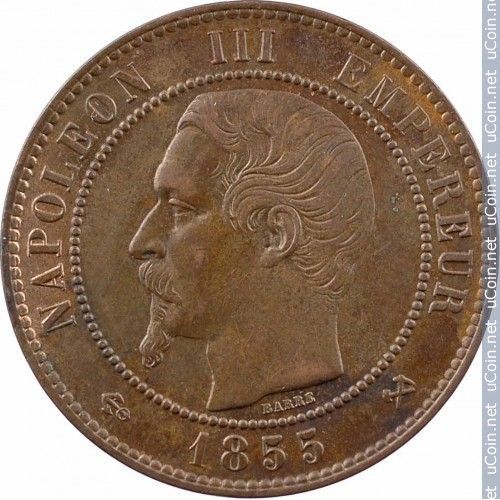 France = Pièce De Monnaie Ancienne : 10 Centimes De Franc , Napoleon I I I , En Bronze, Année 1855 Lettre Atelier B ( Rouen) Variété Ancre