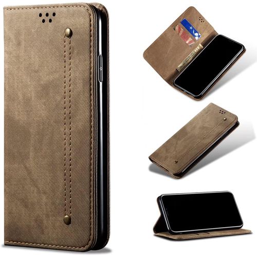 Compatible Avec Etui Huawei Honor Play 5, Flip Jeans Portefeuille Housse Avec Fente Carte, Magnétique Stand+Protecteur D'écran En Verre Trempé*2-Kaki