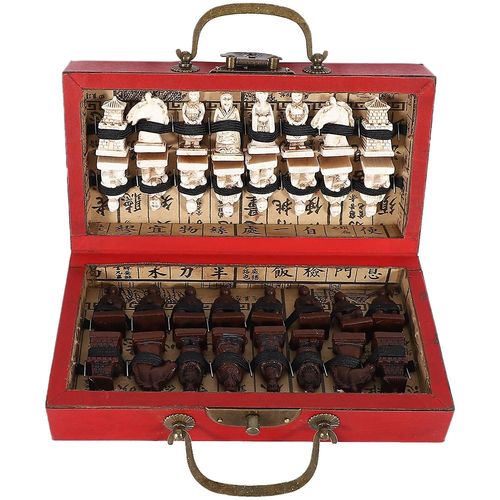 Boîte En Cuir En Bois Chinois Avec 32 Pièces Jeu D¿Échecs En Terre Cuite Jeu De Dames De Divertissement Jeux D¿Échecs