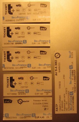 6 Tickets Métro T+ Ratp Sncf Ile De France Mobilité Composté (3 De Carnet 1 De Carnet Tarif Réduit 1 Ecouen Paris 1 Ticket De Paiement)