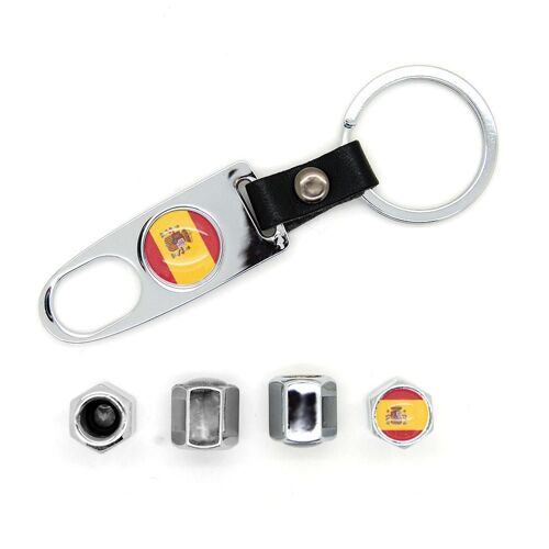 Lot de 4 bouchons de valves avec logo et porte clé Espagne Chromé