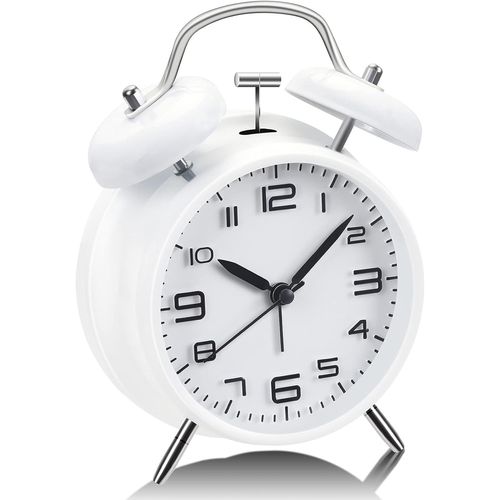 Réveil à Double Cloche,Réveil de Style Vintage - Reveil Analogique Silencieux avec Veilleuse(Blanc)