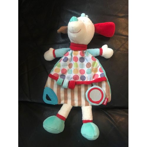 Doudou Babysun Chien Plat Bleu Pois Marron Rouge Anneau Hochet Mirroir