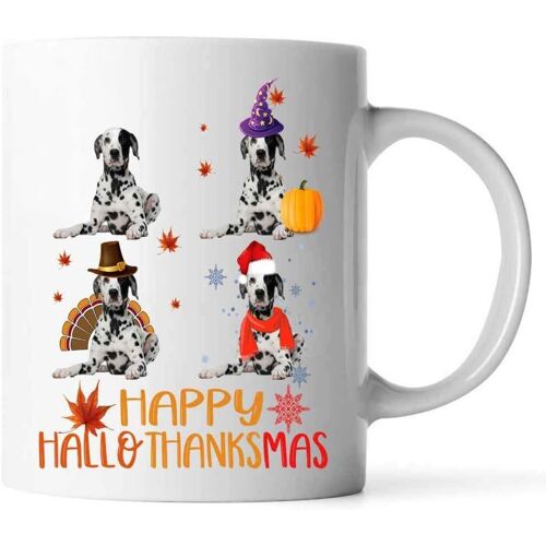 Happy Hallothanksmas Dalmatien Funny Mug. Tasse Pour Les Amoureux Des Chiens, Tasse D'halloween, Tasse De Thanksgiving, Tasse De Noël ? Burro En Laiton (Blanc, 325 Ml)