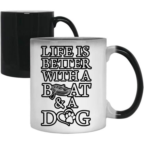 La Vie Est Meilleure Avec Un Bateau Et Un Chien Cadeau D'anniversaire/De Noël Cadeaux De Motivation Cadeau Unisexe Unique Et Amusant Inspiré Tasse À Café En Céramique De 11 Oz / 15 Oz. (Intérieur Et Poignée Bleus) - Tasse Magique