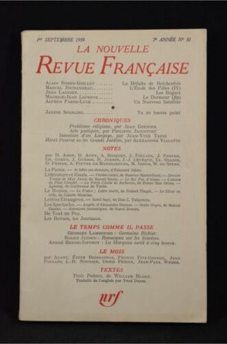 La Nouvelle Revue Française, N° 81, Septembre 1959. Contient Entre Autres : La Défaite De Reichenfels, Par Alain Robbe-Grillet. L'ecole Des Filles (Iv), Par Marcel Jouhandeau. Les Bogues...