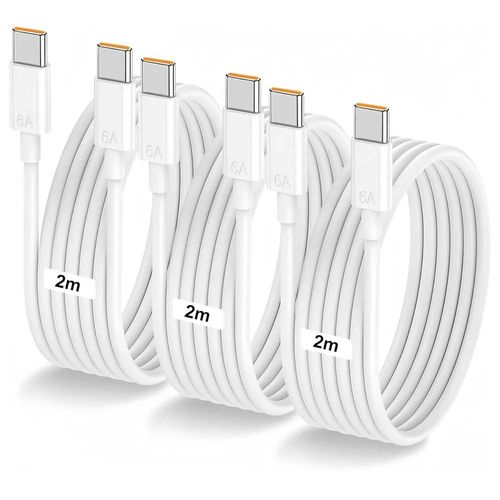 3x Câble USB-C vers USB-C 6A Rapide 65W pour iPhone 16 Pro, iPhone 15 Pro Max - Blanc 2 Mètre - E.F.Connection